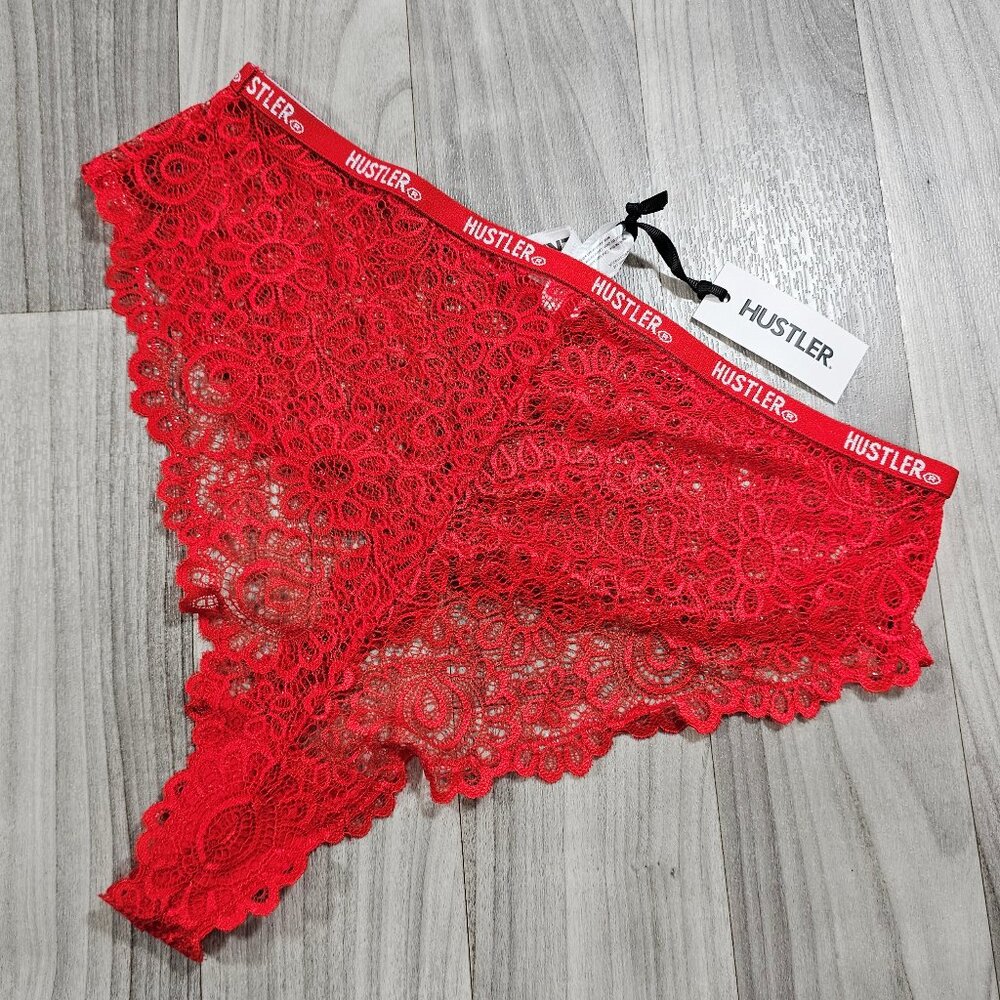 Hustler Red Logo Lace High Waisted Thong Panty